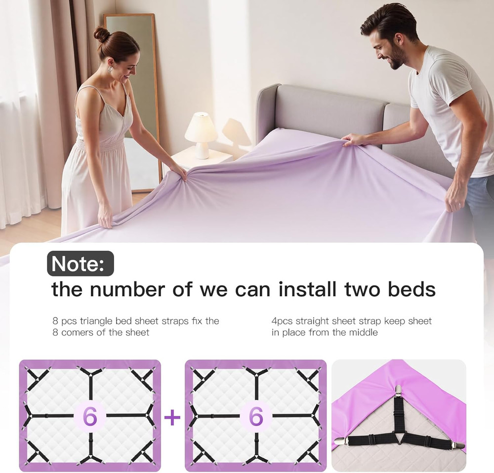 12PCS Bed Sheet Straps, Secure & Adjustable Fitted Sheet Holders for Full, Queen