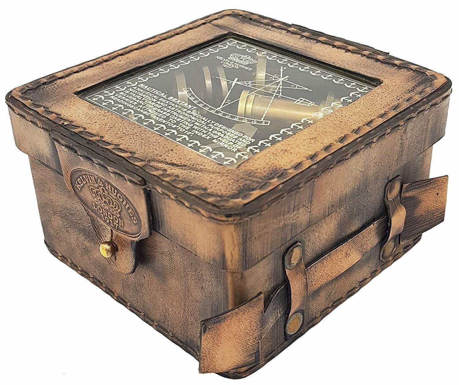 Vintage Maritime Brass Nautical Sextant Leather Case Kelvin Hughes London 1917