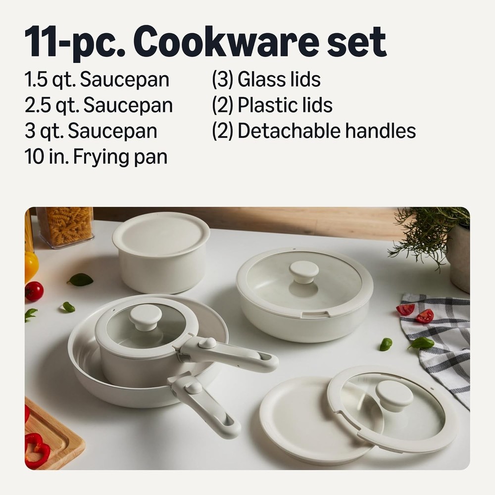 Ceramic Nonstick Pots and Pans Set with Detachable handle11-Piece Stackable set