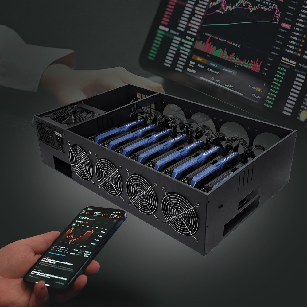 ETH BTC Mining Rig Case 8 GPU Ports Mining Frame W/ Mining Motherboard CPU RAM