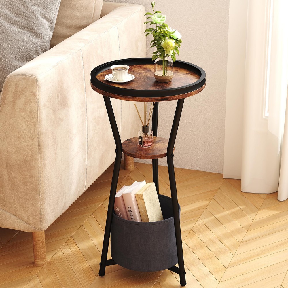 Round Side Table Small Drink 3Tier Industrial End Nightstand Rustic Brown