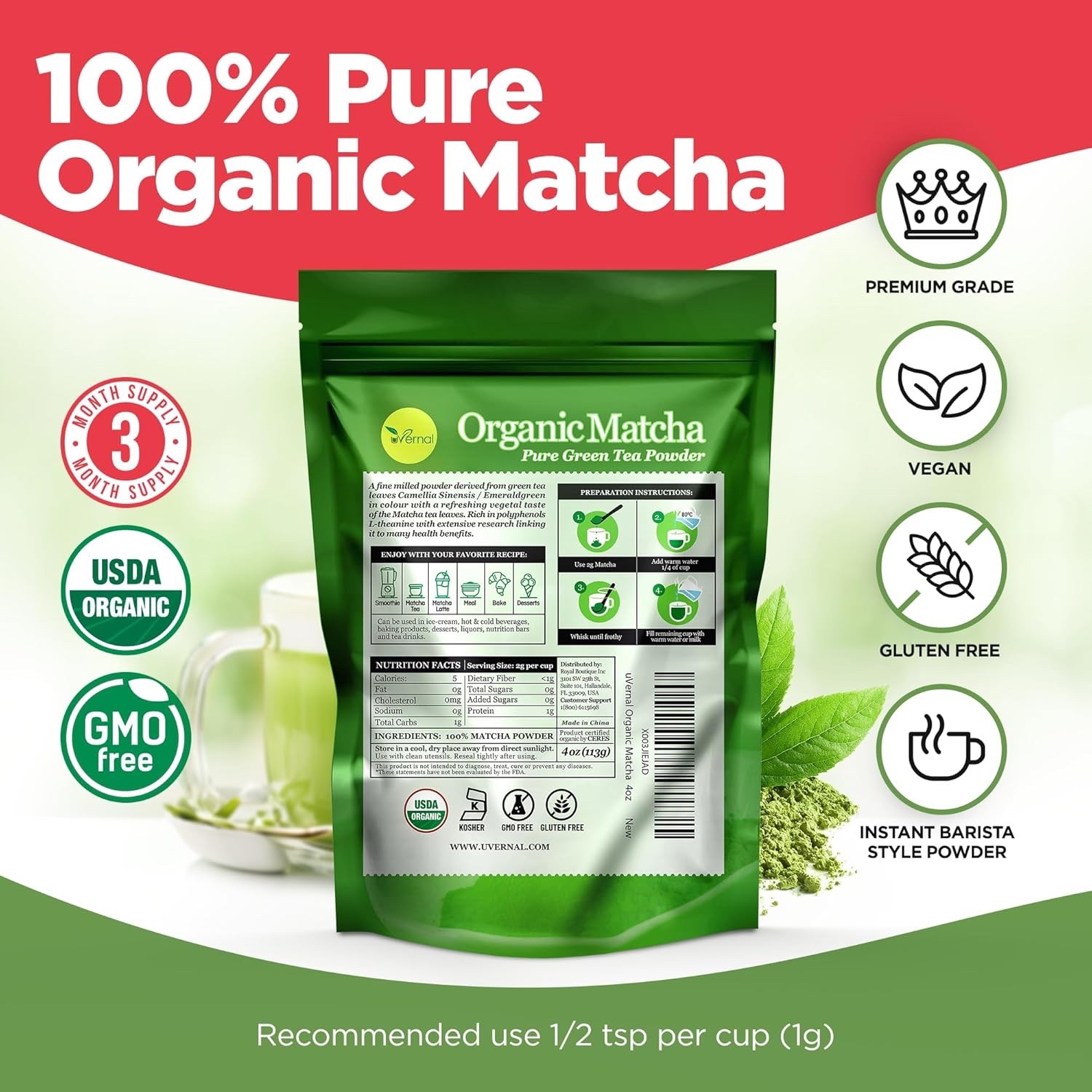 uVernal Organic Matcha Green Tea Powder - 100% Pure Matcha for Latte & Baking