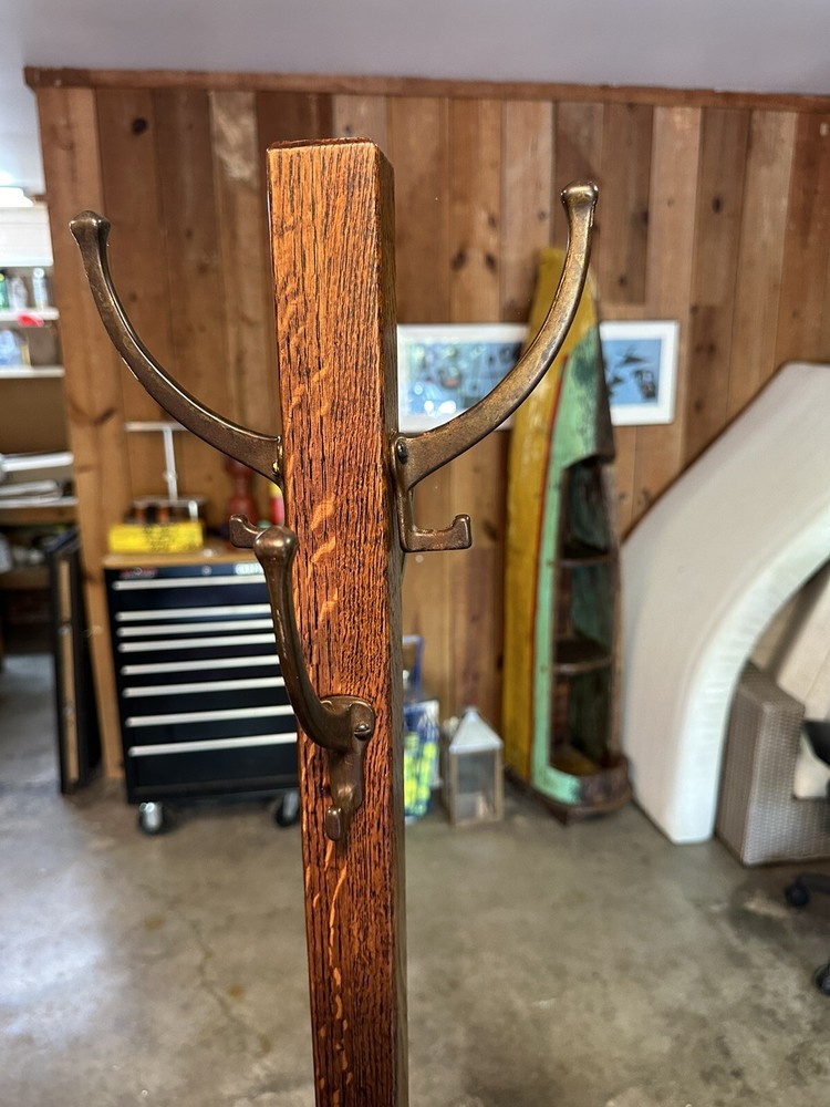 Antique, Solid Quarter Sawn Oak, Coat Hat Rack / Stand, Deep Color, Brass Hooks