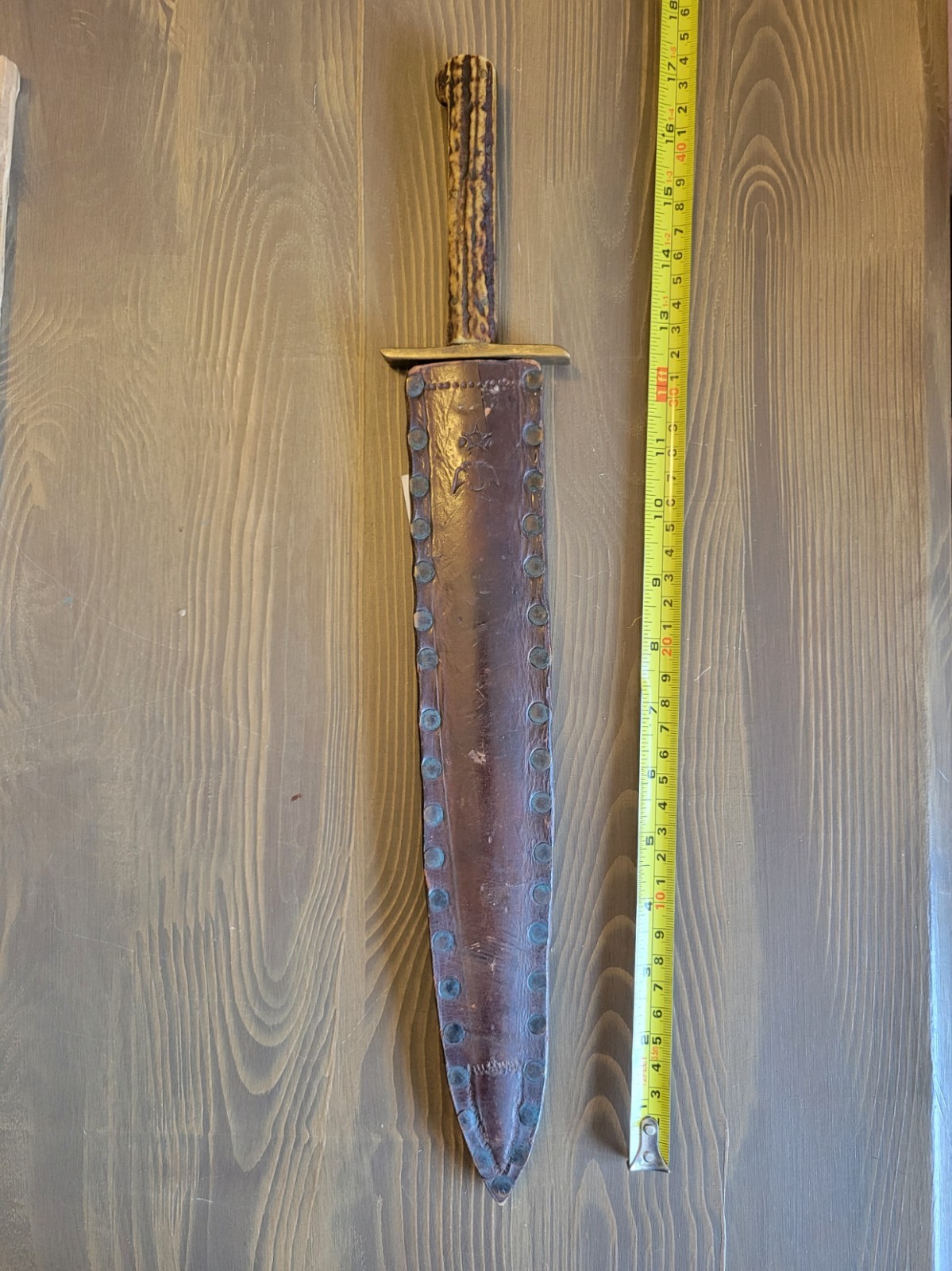 Antique Mid-1800s Stag Handle Fighting Knife with Sheath