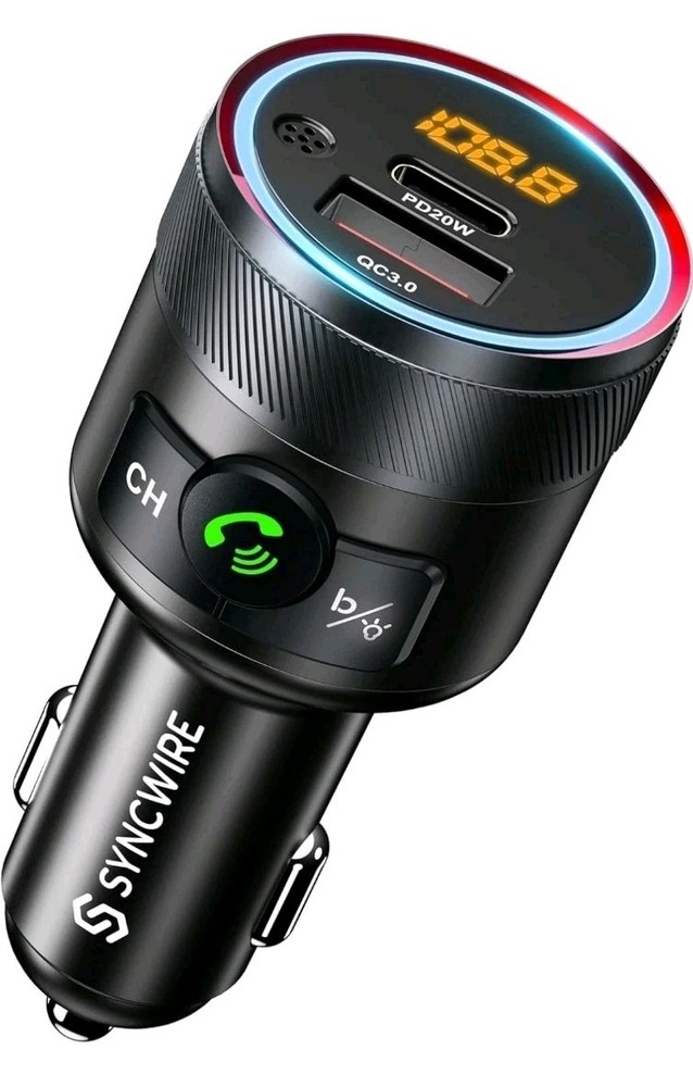Syncwire Bluetooth 5.4 FM Transmitter For Car 38W PD & QC 3.0 Dual USB Black New