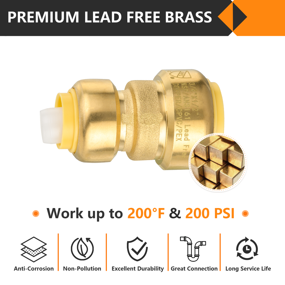 EFIELD (2 to100 Pack) 3/4"Push Fit×1/2"Reducing Coupling Brass Fitting Lead Free
