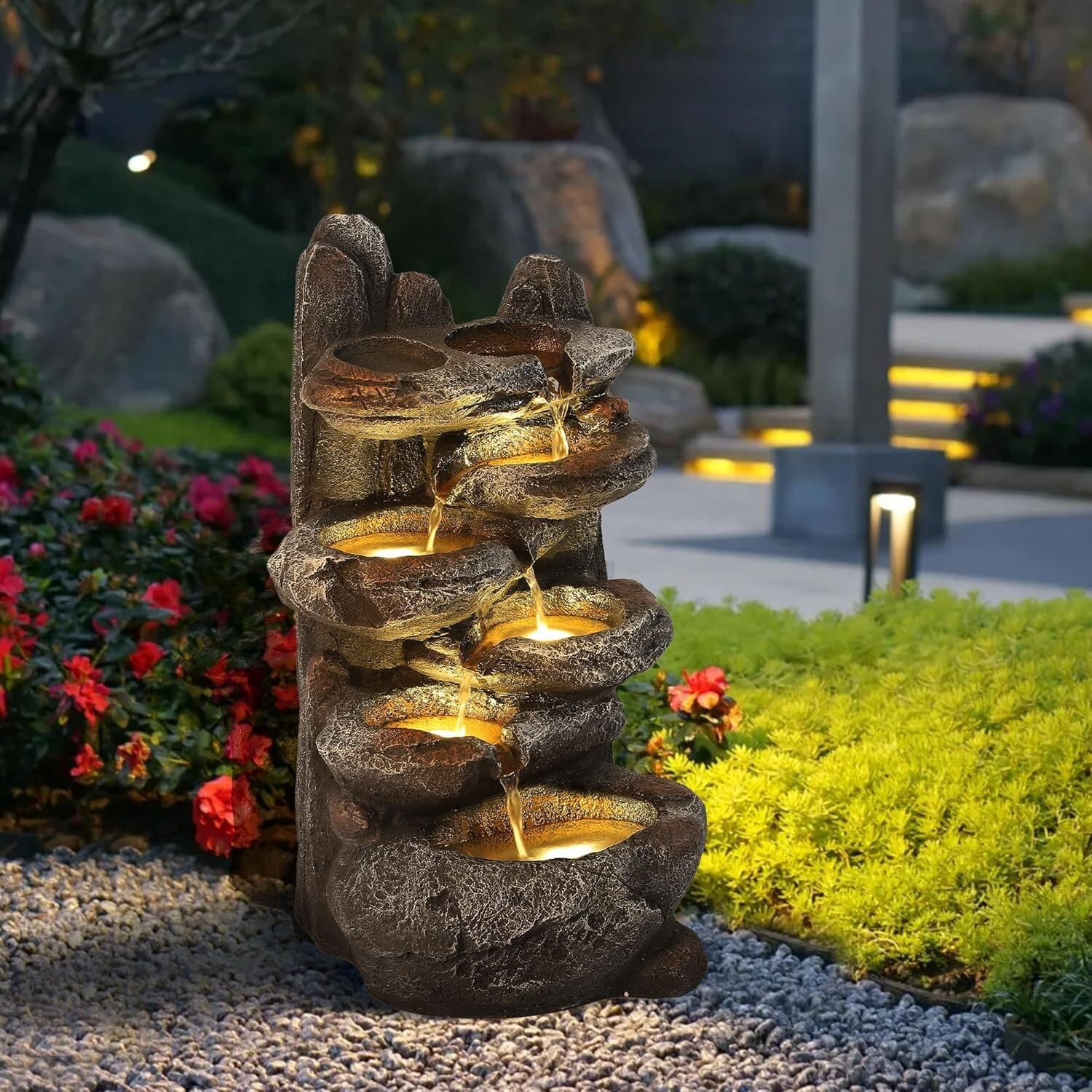 6-Tier Cascading Rock Outdoor Garden Water Fountain with Lights