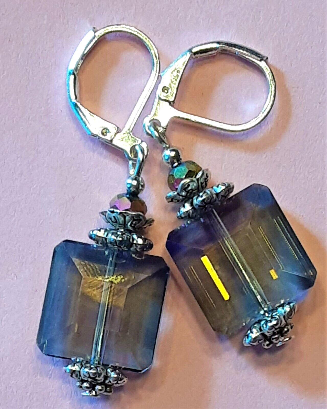 MONTANA BLUE color CHINESE CRYSTAL earring LEVERBACK handcrafted XX