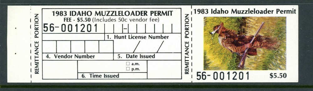 IDAHO 1983 MUZZLELOADER STAMP  WITH FULL TAB.  REG $11 STAMP. QUANTITY DISCOUNTS