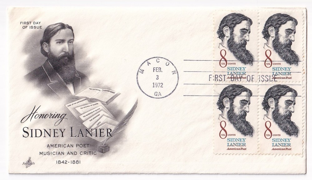 STAMP US SCOTT 1446 "Sidney Lanier" 8 CENT 1972 FDC BLOCK OF 4 - E