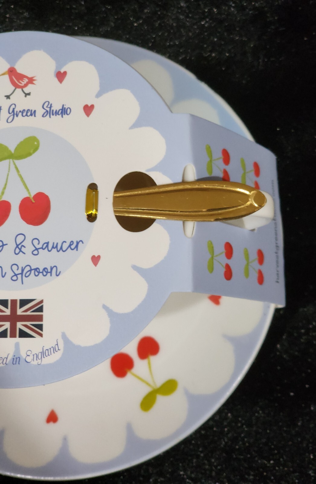 Cherry Bows Teacup & Saucer w Flower Spoon Hearts Blue Red White Lacey Cherries