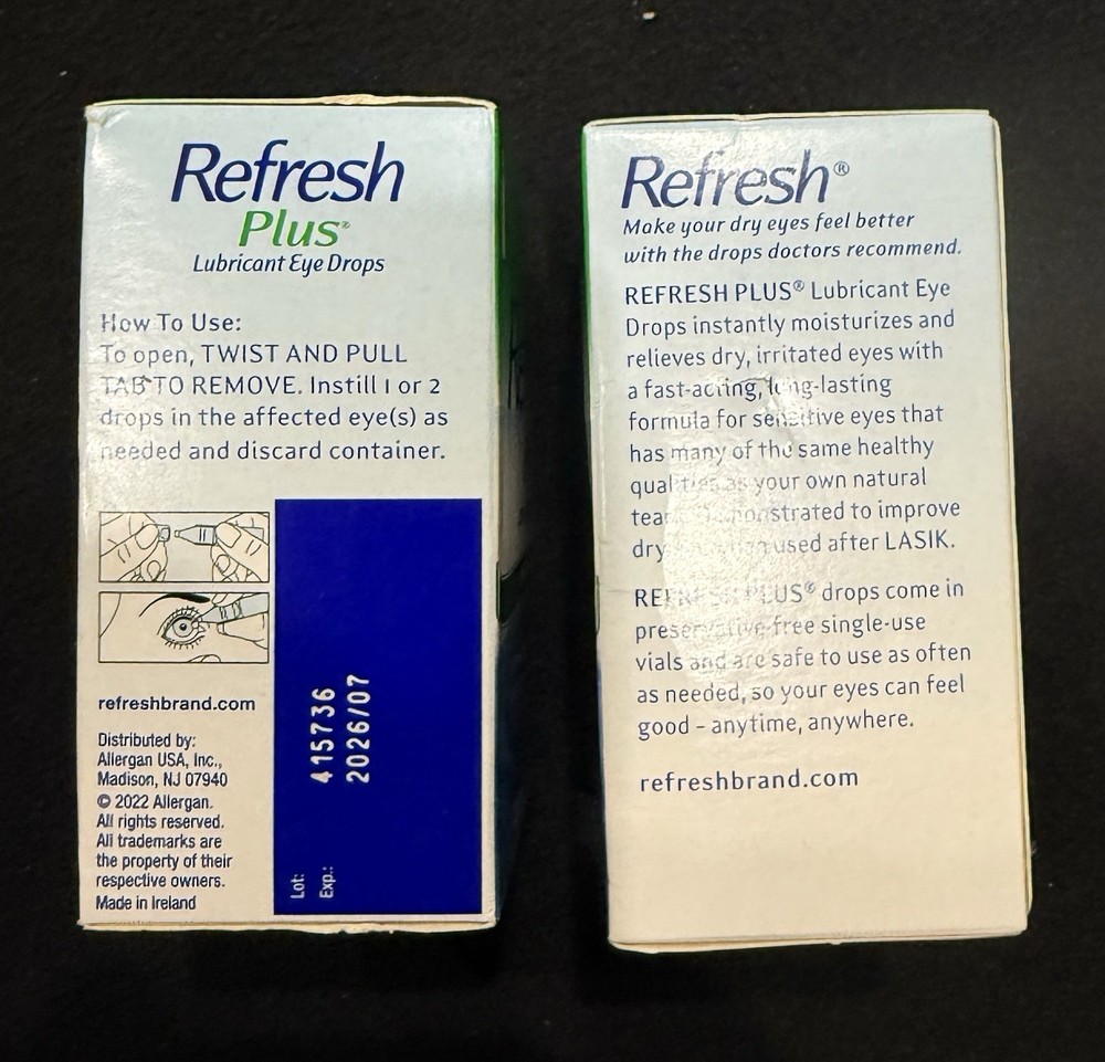 2 REFRESH Plus Lubricant Eye Drops - Moisturizing Relief- 60 Count EXP: 07/26
