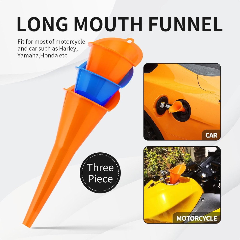 Aferrizu Oil Funnel 3-Pack, Multi Function Plastic Long Neck Clear