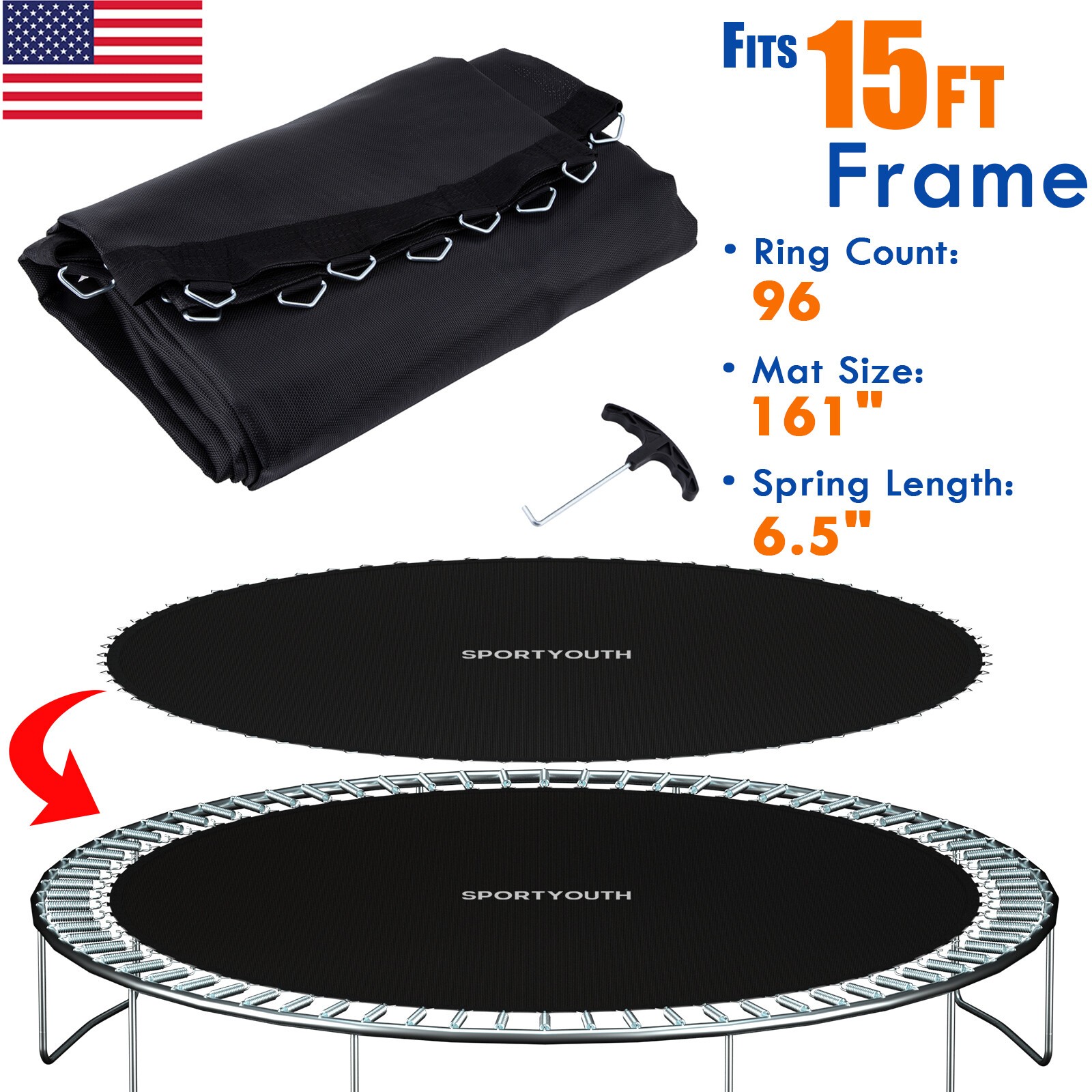 Round Replacement Trampoline Mat Fits 15ft Frame 96 Rings w/ 6.5"-7" Spring Tool