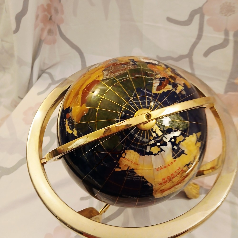 Blue Lapis Gemstone World Globe with Brass Stand and Compass
