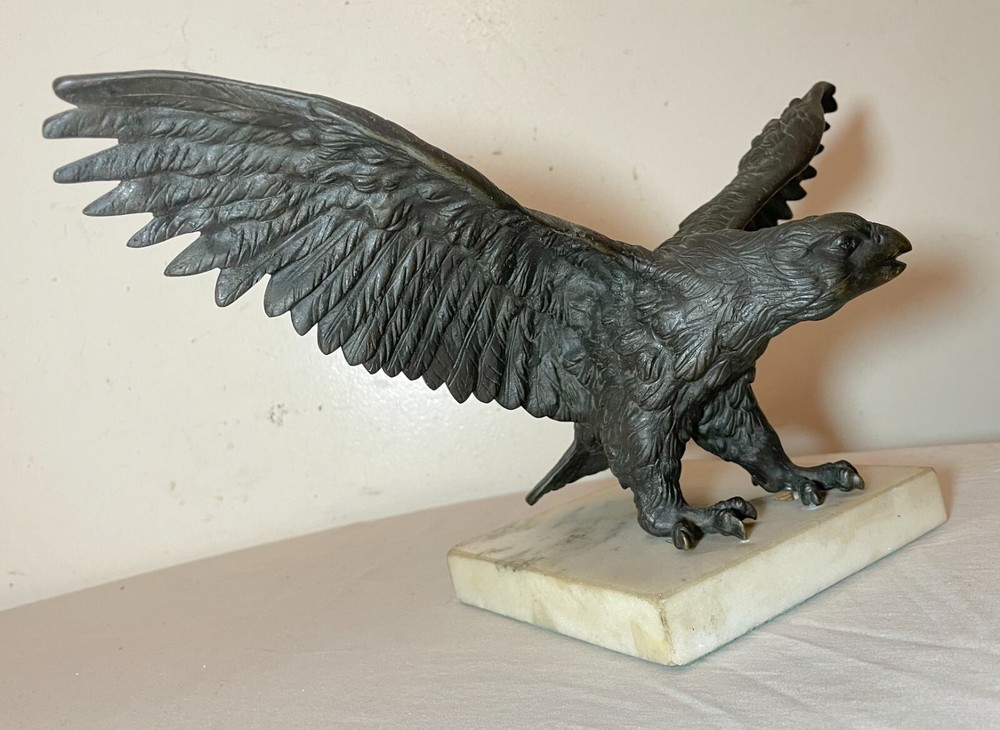 antique solid bronze marble open winged American bald eagle statue sculpture