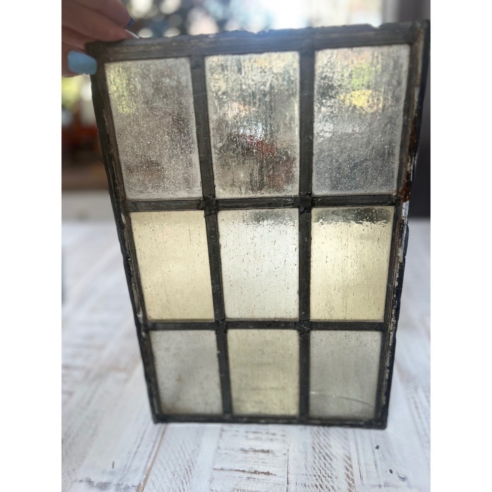 Antique Stained Glass Window Pane Panel 9 Section Primitive Rustic Decor