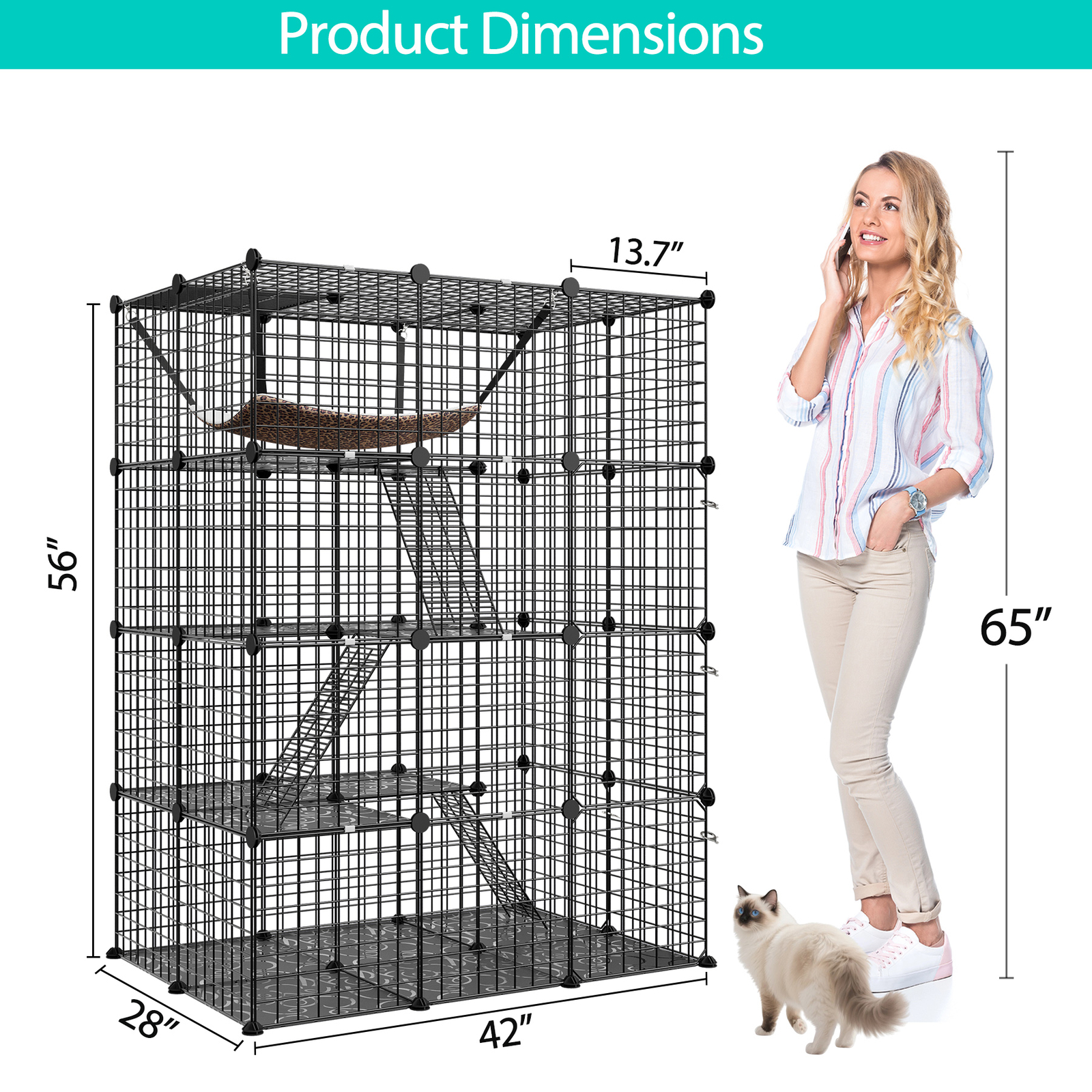 4-Tier Cat Cage Indoor Cat Enclosures DIY Detachable Metal Cat Kennel w/Hammock
