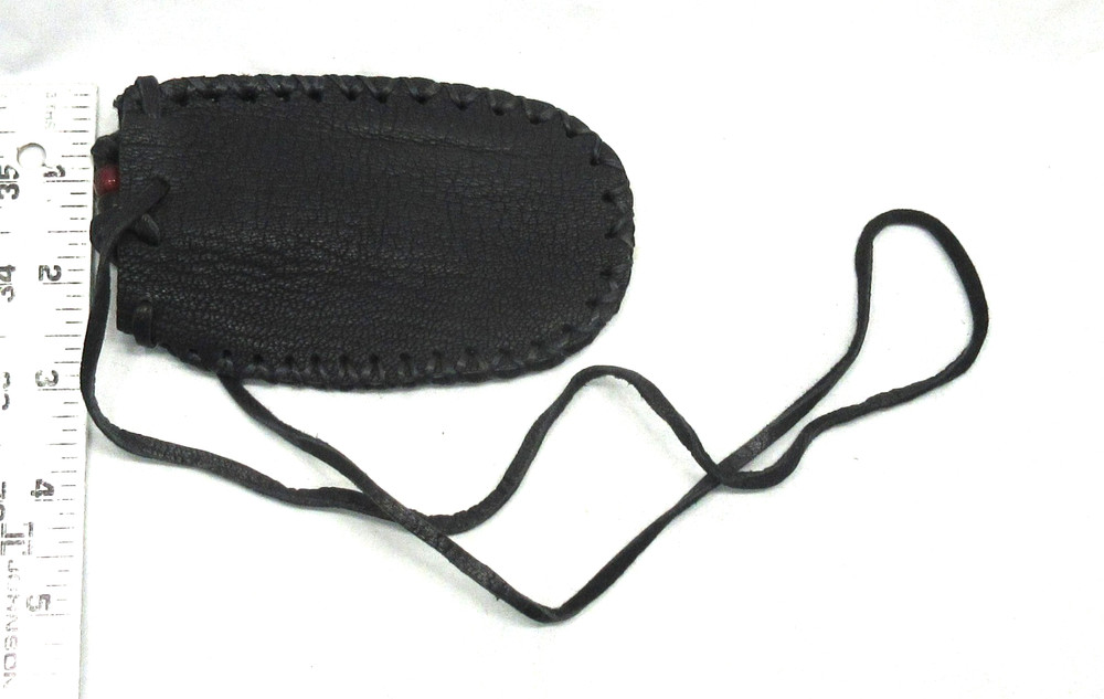 Native American Black Leather Pouch, Red/Black Beads, Cherokee Made, COA #723