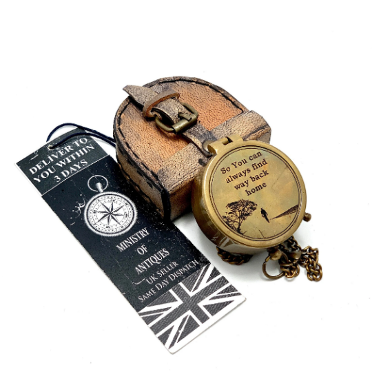 ENGRAVED POCKET COMPASS & KEYCHAIN NAUTICAL HANDMADE COMPASS & LEATHER POUCH