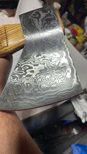 Custom Connie Bay pattern damascus throwing hatchet with sheath!