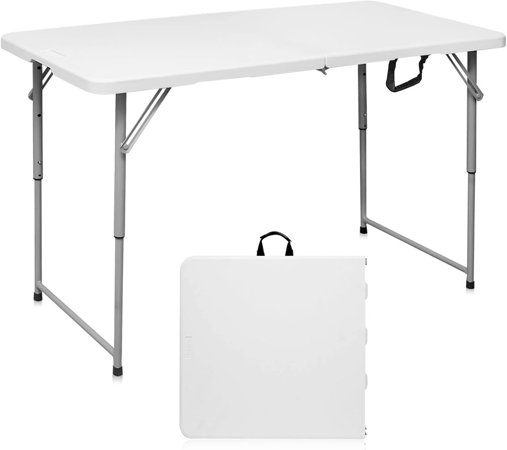4Ft Folding Table Heavy Duty Plastic Fold in Half Adjustable Height Portable