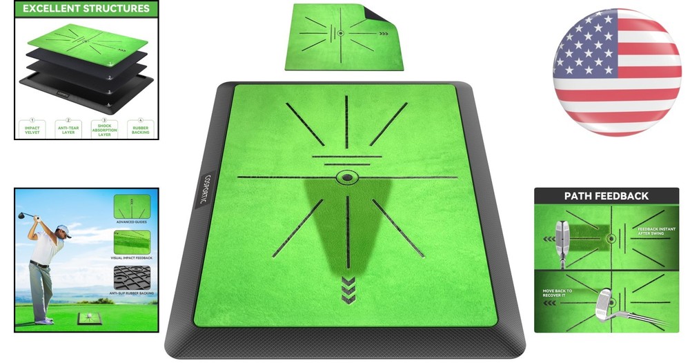 Golf Practice Mat 16"x12" with Swing Path Feedback & Replaceable Velvet