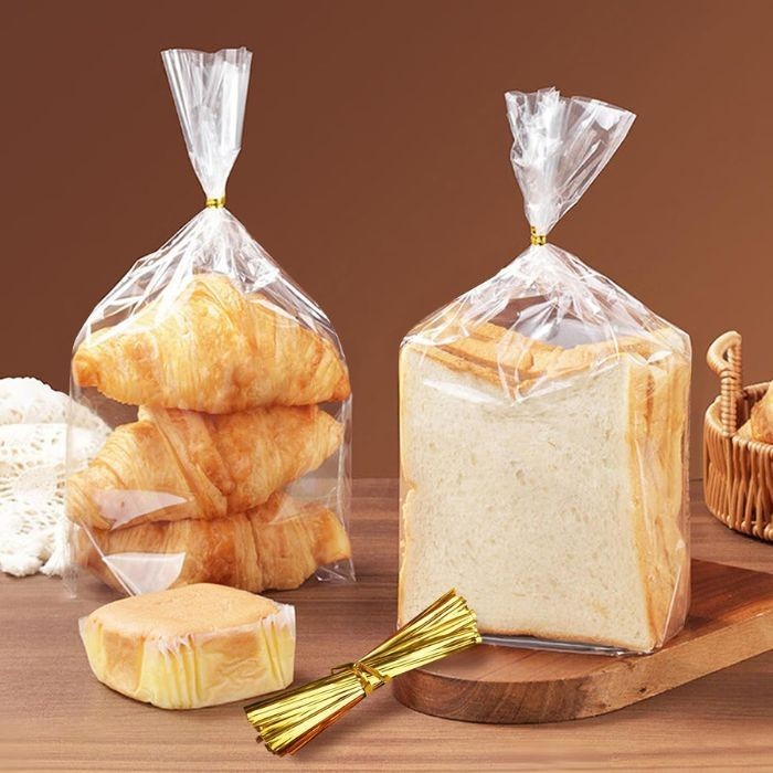 70 Pack Bread Bags with 100 Ties – 8"x4"x18" Clear Reusable Plastic Loaf Bags