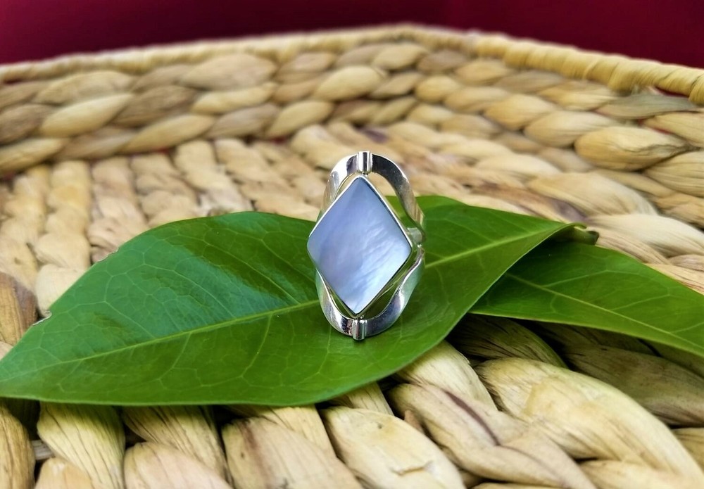 Handmade peruvian ring 950 silver double side Amazonite/White Nacre 6.5-7.5.Adj