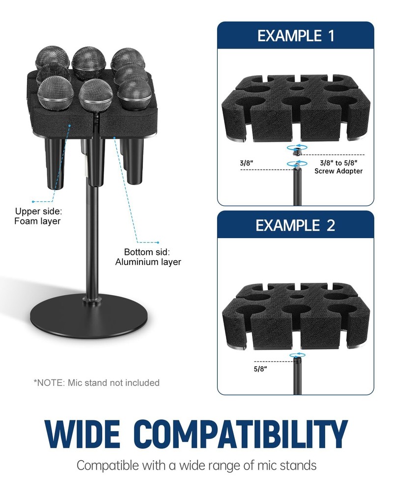 Multi Microphone Holder Square Tray with Foam Padding for 8 Wireless/Wired Mics