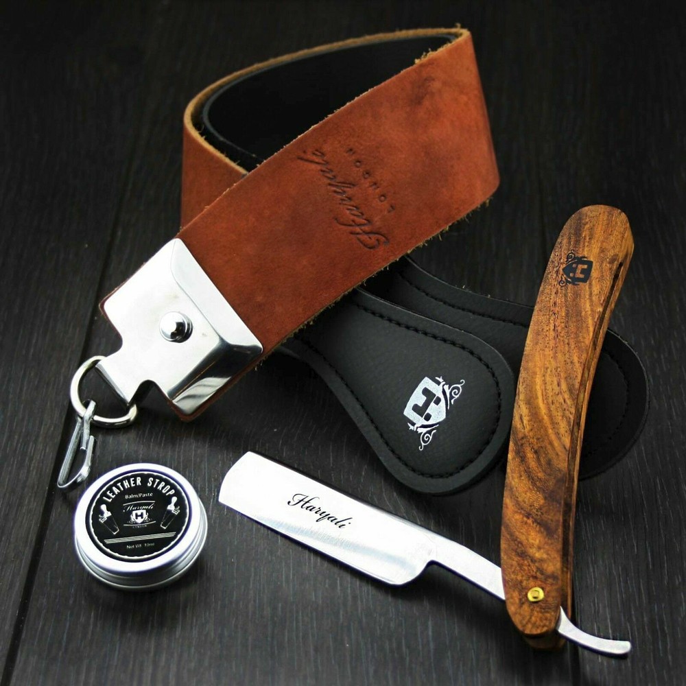 Leather Strop Straight Edge Razor Cut Throat Sharpening Strap with Paste