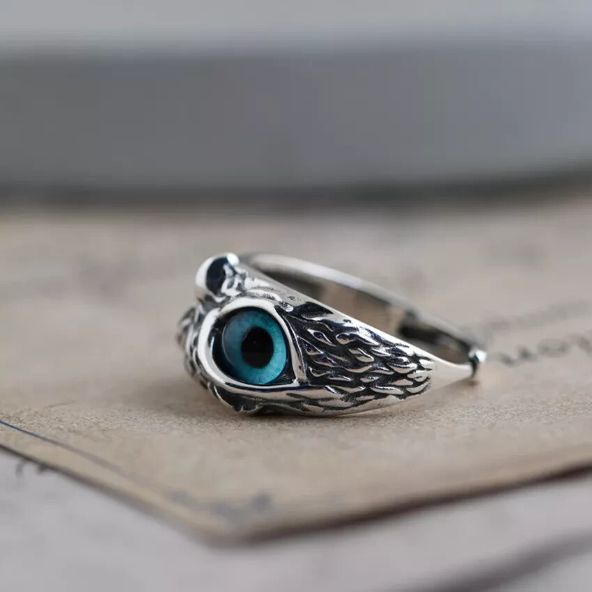 Cute Owl Blue Eye Silver Ring, Adjustable Size, Bird, Fun