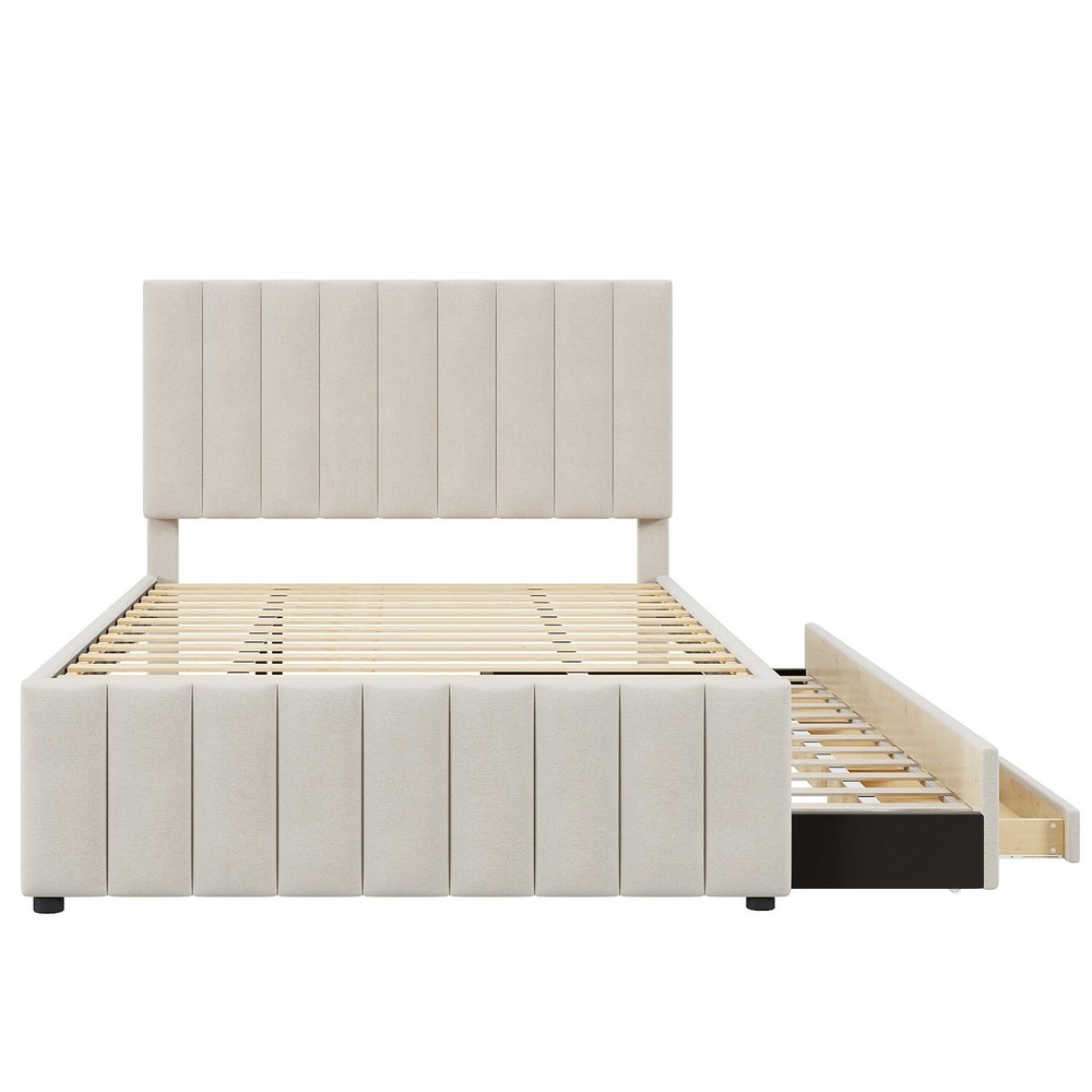Full Size Bed Frame Upholstered Platform Bed w/ Pull Out Trundle & 3 Drawers