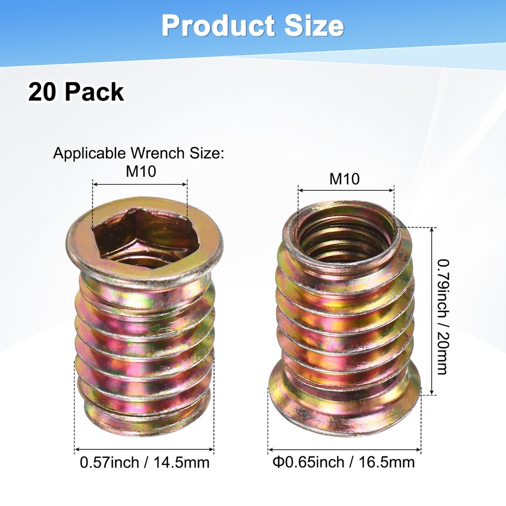 20-Pack Threaded Inserts for Wood, M10x20mm Threaded Insert Nuts [Gold Tone]