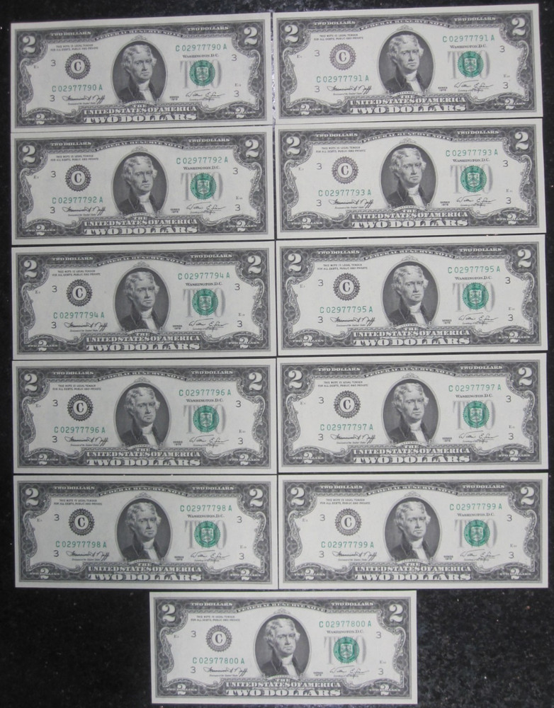 1976 $2 Fed Reserve Notes 11 in a Row/Consecutive SN Order~ Crisp Uncirculated
