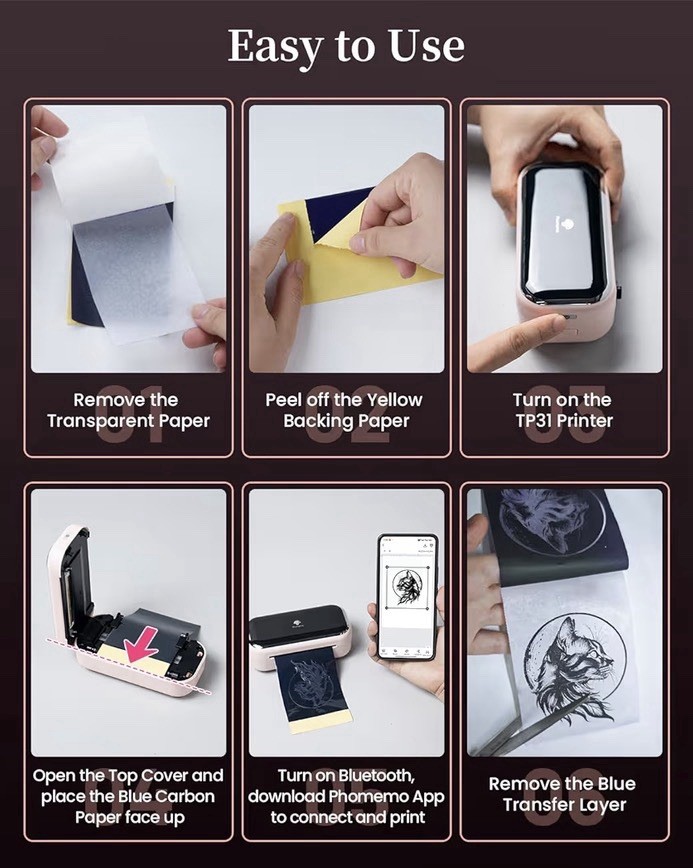 Phomemo TP31 Mini Tattoo Stencil Printer Bluetooth Pink w/ 30 Transfer Paper