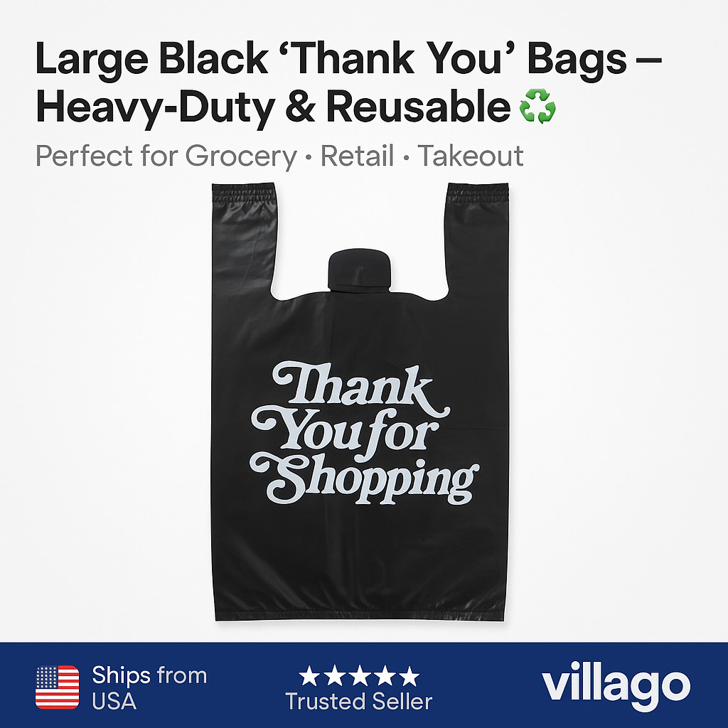 Large 1/5 Black Thank You T-Shirt Bags 13x10x23 HDPE 0.83mil Heavy-Duty Grocery
