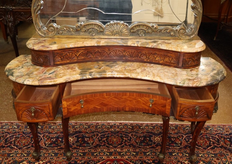 French Louis XV Style Inlaid Walnut Marble Top Etched Mirror Vanity Circa 1920's