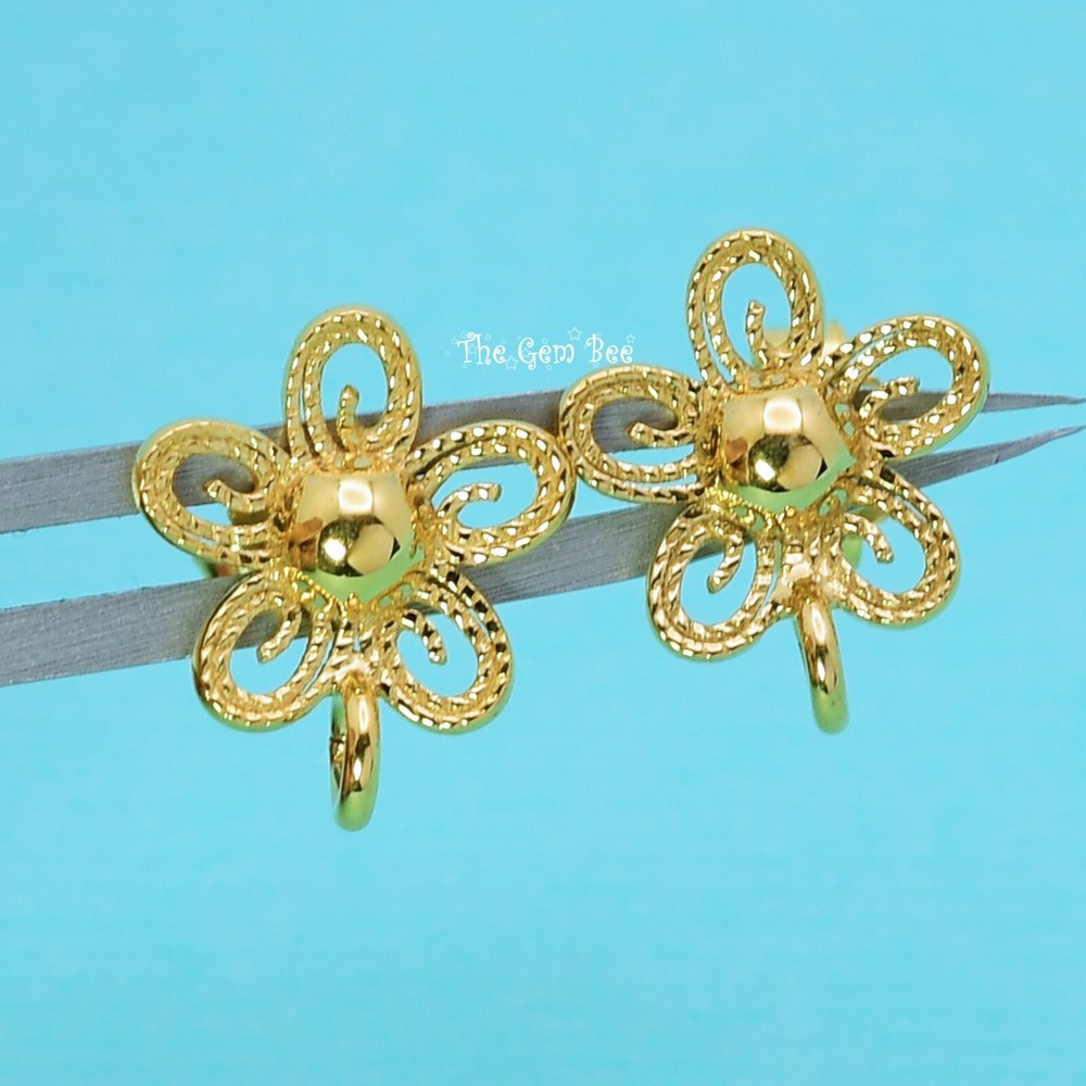 14k Solid Yellow Gold Filigree Fancy Flower Ear Posts With Backs PAIR