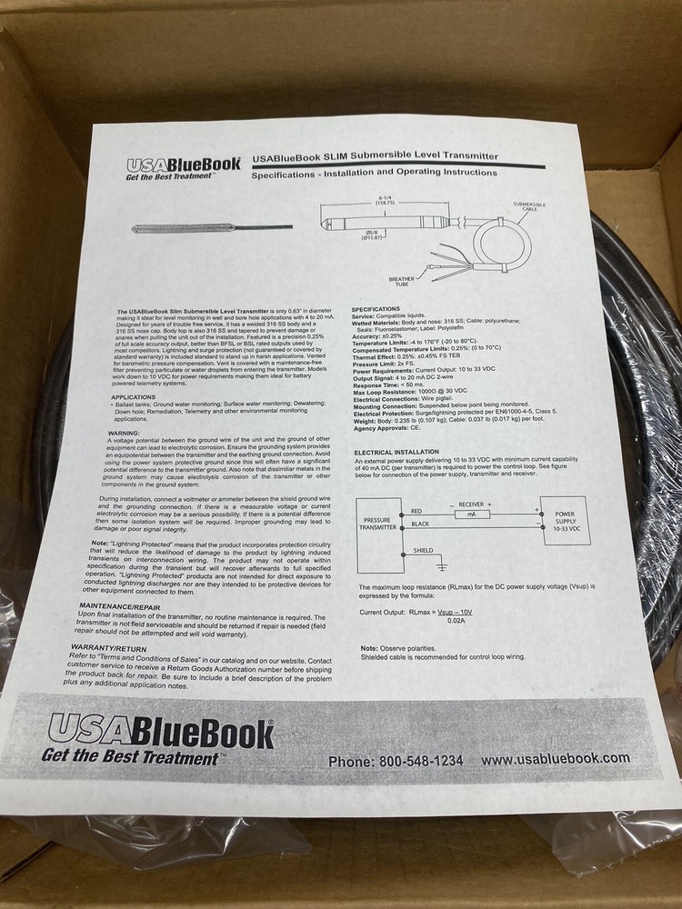 USABlueBook SLIM Submersible Level Transmitter