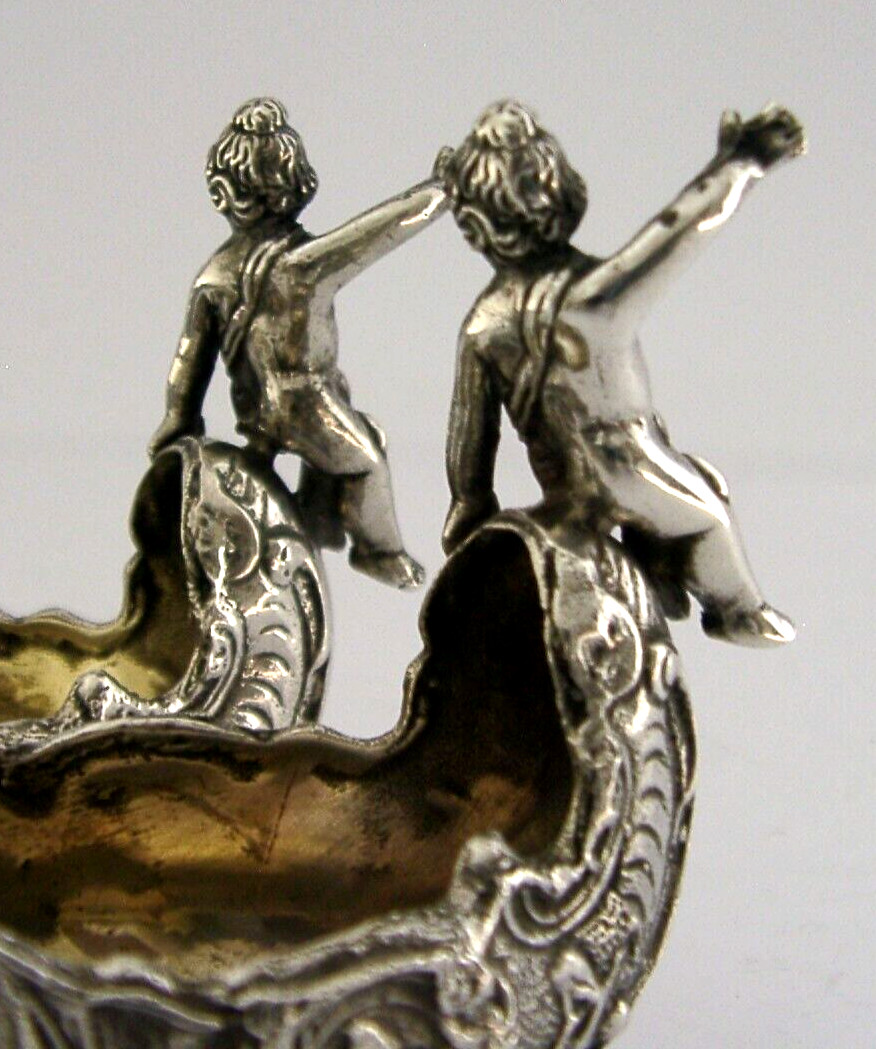 SUPERB CAST HANAU SOLID STERLING SILVER CHERUBS SALT CELLARS c1900 ANTIQUE