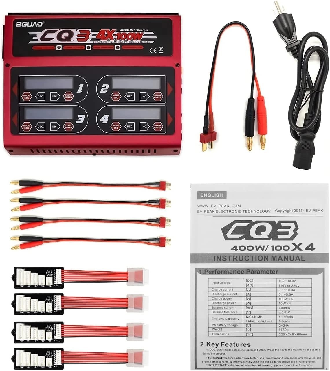 BGUAD CQ3 10A 100W 1-6S 100Wx4/10Ax4 Balance Charger with JST_XH Adapter
