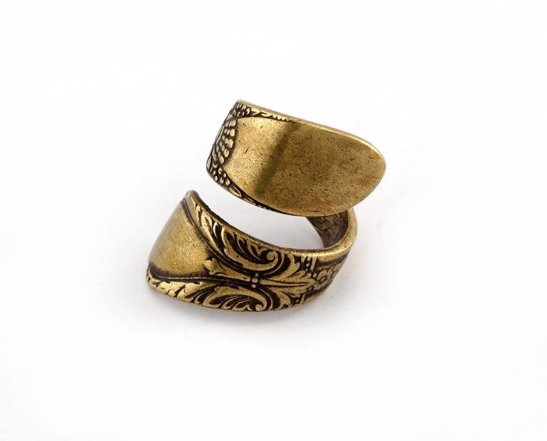 Spoon Ring Wrap Flower Patterned Adjustable Antique Bronze Plated Brass 4072