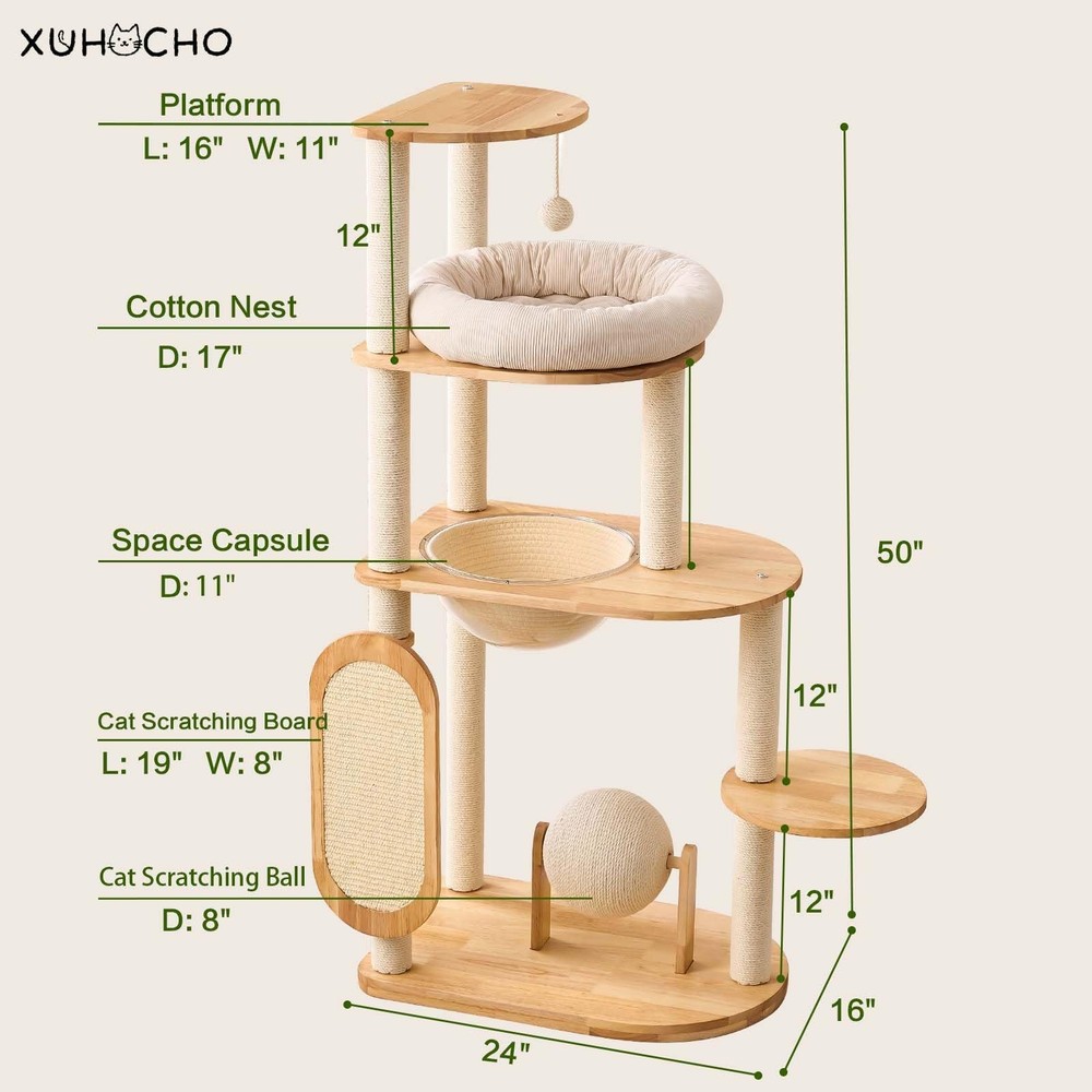 Modern Cat Tree with Scratching Post, Solid Wood Cat Tree Tower for Indoor Ca...