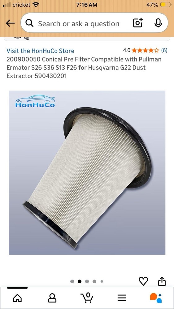 HonHuCo Conical Pre Filter For Dust Extract Pullman Ernator/ Husqvarna
