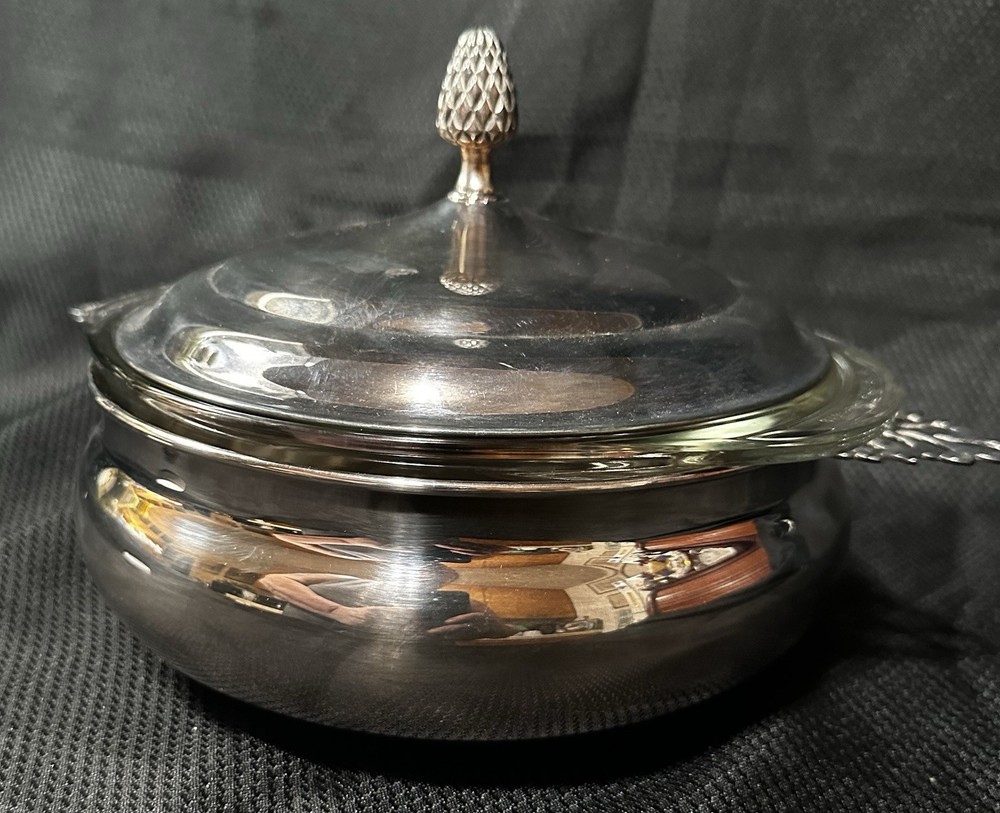 REED & BARTON Silverplate Covered Serving Dish With Pyrex Glass Insert VTG MCM