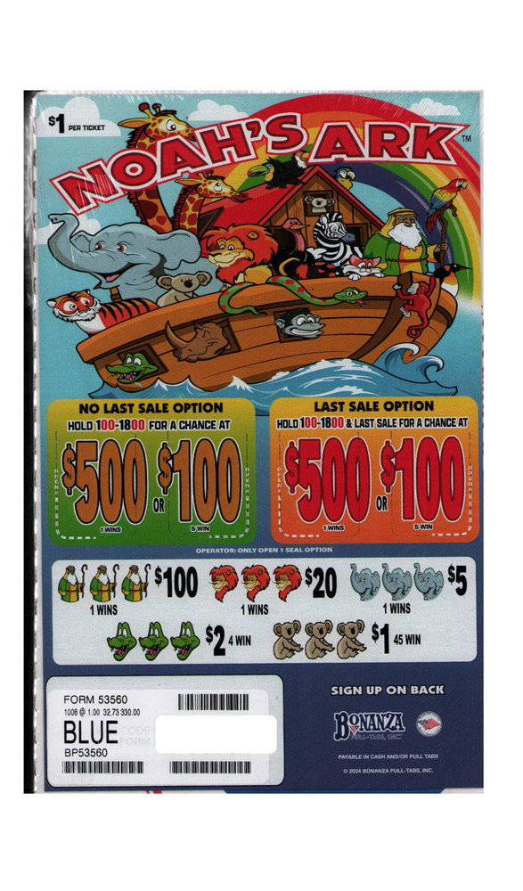Pull Tab Ticket- Hard Card - Game - Noah's Ark - 1,008 ct