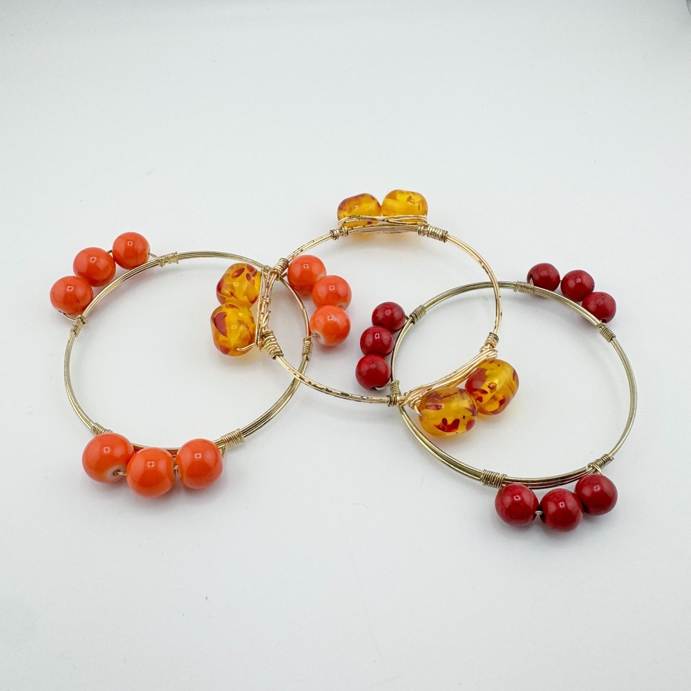 3 Bohemian Wire-Wrapped Beaded Bangle Bracelets Orange Amber Red Stackable Retro