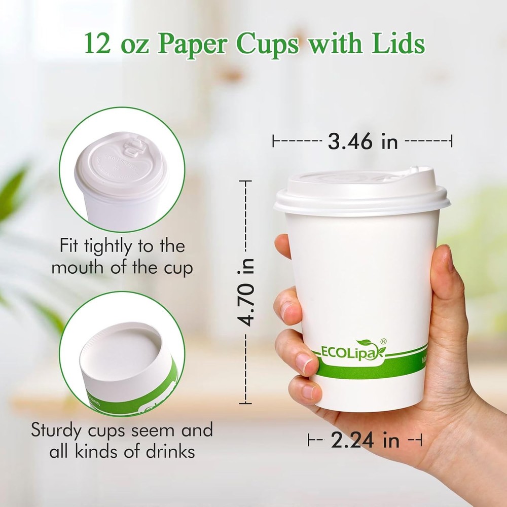 ECOLipak 100 Count 12 oz Compostable Paper Coffee Cups, Biodegradable 12 OZ