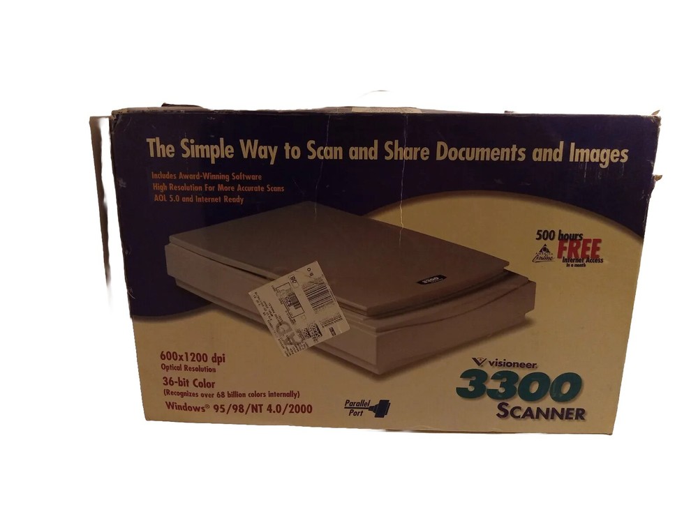 VISIONEER 3300 FLATBED SCANNER - NEW IN BOX - PARALLEL PORT, COMPLETE.